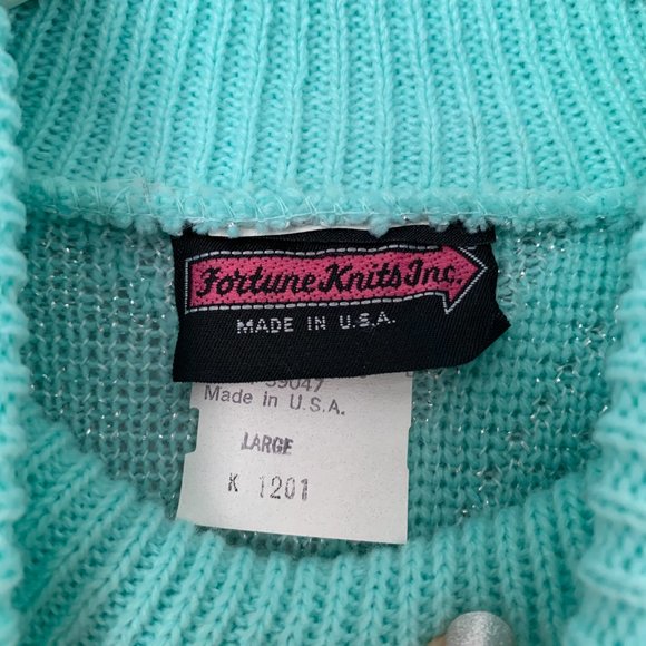 VINTAGE Mint Blue Christmas Ski Sweater Silver Winter Holiday Sweater Sparkly - Picture 11 of 12